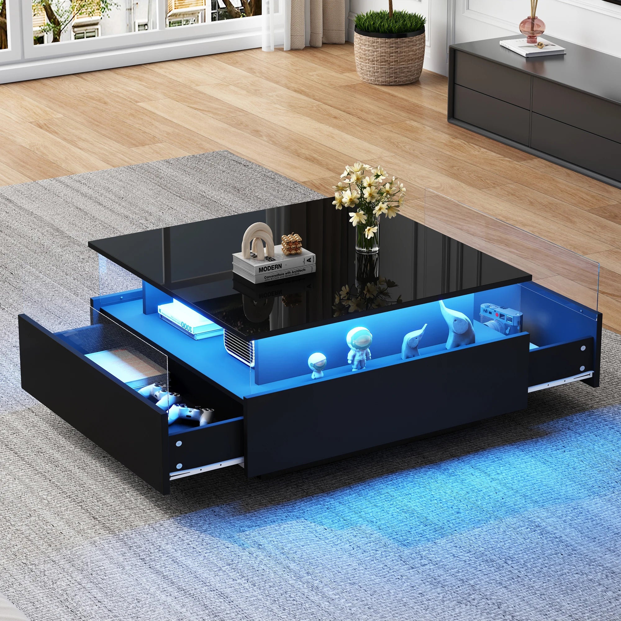 Table Basse Design LED Carrée – Zone d'Affichage Transparente, 2 Tiroirs & Haute Brillance | Noctua