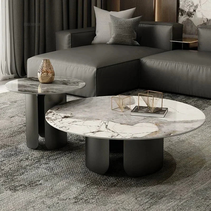 Table Basse Design Luxe Ronde – Pierre Naturelle, Base Métal & 22 Variantes | Pietra