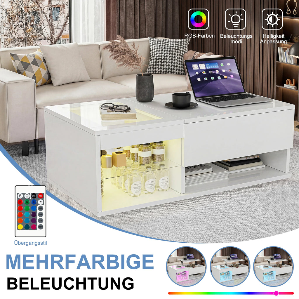 Table basse moderne Fangange - Table de salon avec fonction de levage (élévation de 15 cm), table de canapé avec éclairage LED - Design tendance - Blanc