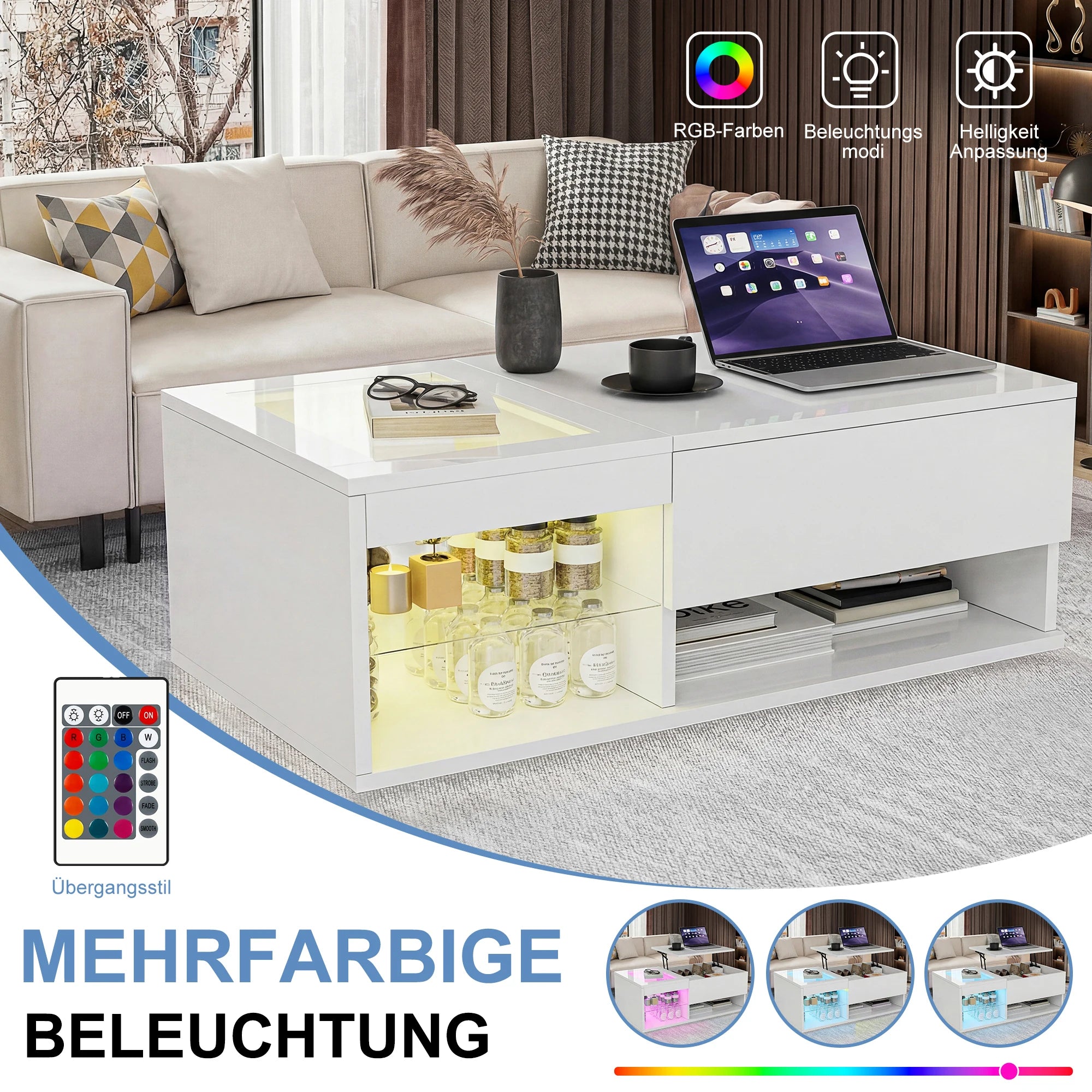 Table basse moderne Fangange - Table de salon avec fonction de levage (élévation de 15 cm), table de canapé avec éclairage LED - Design tendance - Blanc