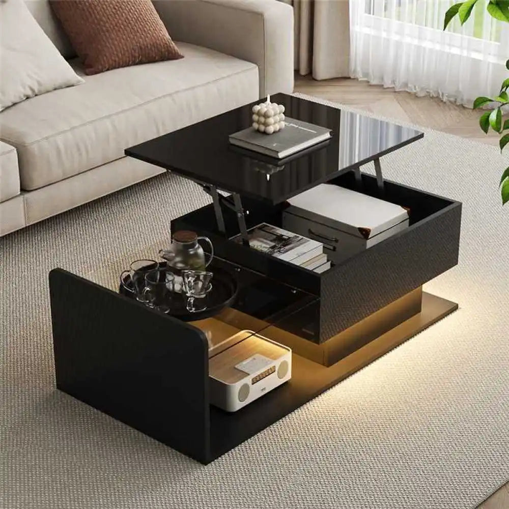 Table Basse Design Noire Relevable LED – Rangement Compartiments & Finition Brillante | Eclipse