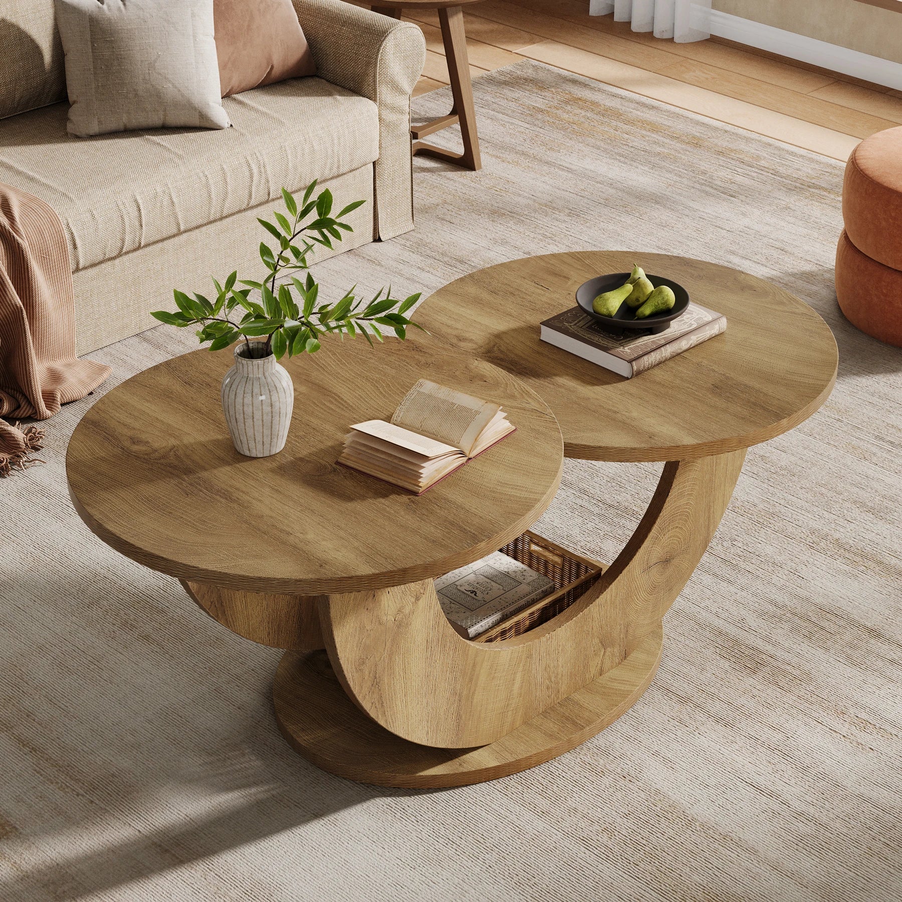 Table Basse Design Ronde – Cadre en U Original, 46 Pouces & Bois Chêne Naturel | Orbit