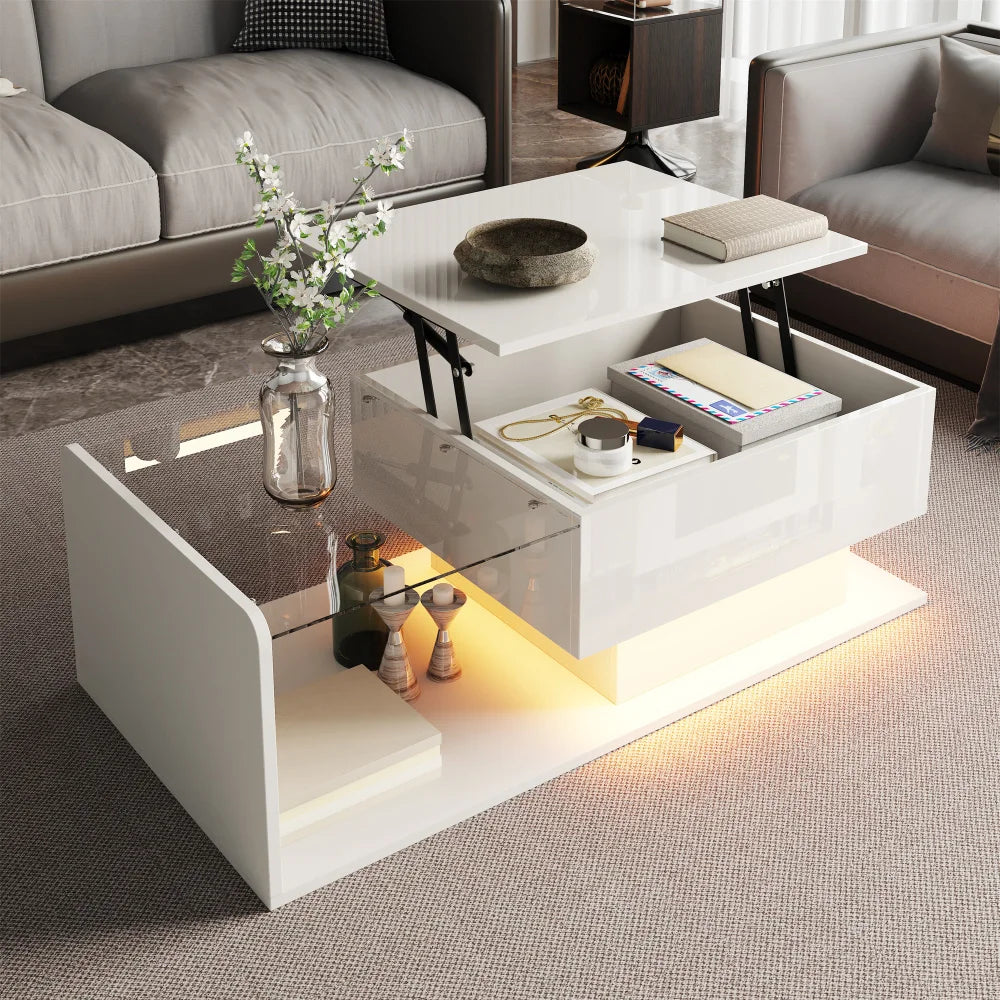 Table Basse Design Noire Relevable LED – Rangement Compartiments & Finition Brillante | Eclipse