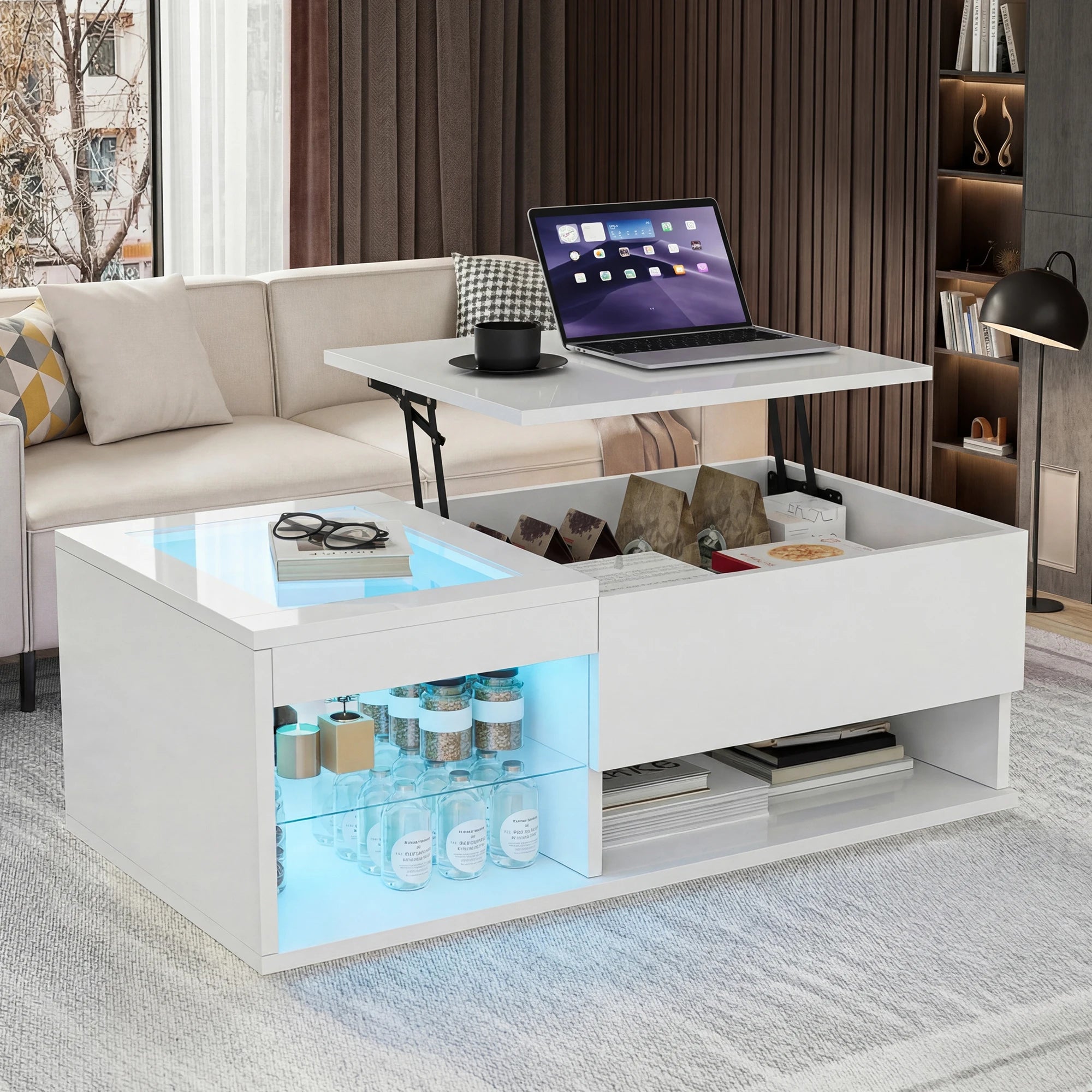 Table basse moderne Fangange - Table de salon avec fonction de levage (élévation de 15 cm), table de canapé avec éclairage LED - Design tendance - Blanc