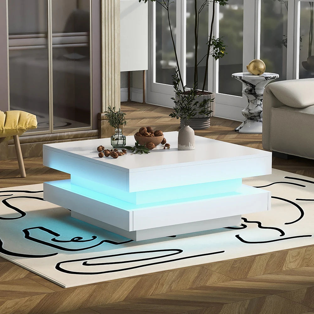 Table Basse Design Carrée – Plateau Rotatif, LED Bluetooth & Finition Blanche Premium | Zenith