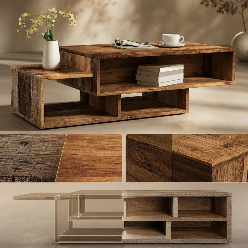 Table Basse Design Vintage – 3 Compartiments Asymétriques, 105×55 cm | Loft