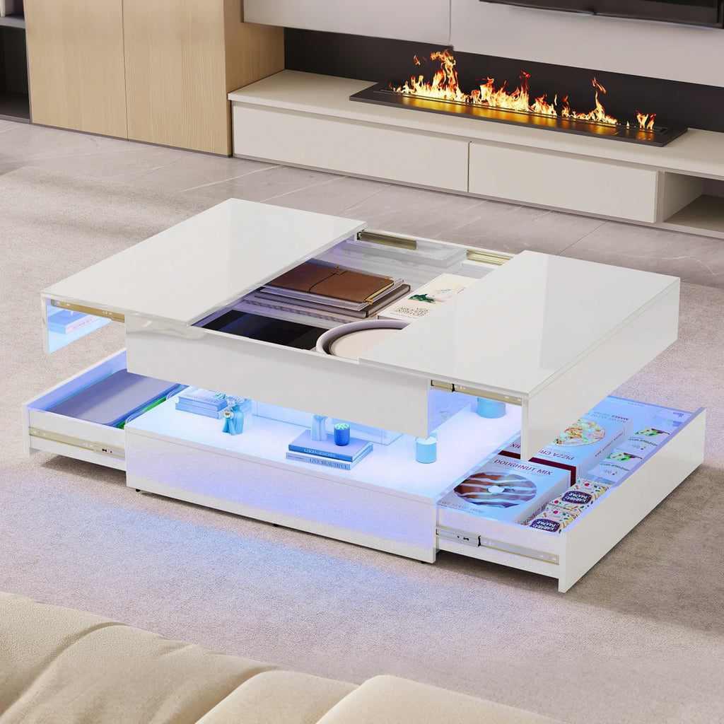 Table Basse Design Carrée LED – Tiroirs, Finition Haute Brillance Noir & Blanc | Rubis