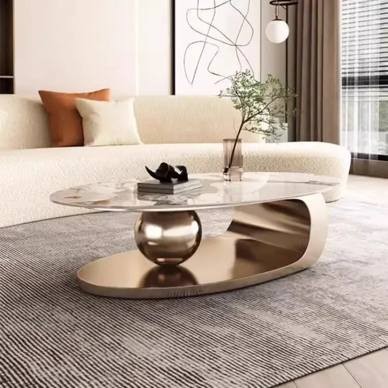 Table Basse Design Ovale – Effet Pierre Naturelle, Base Métal & 6 Formats | Silex