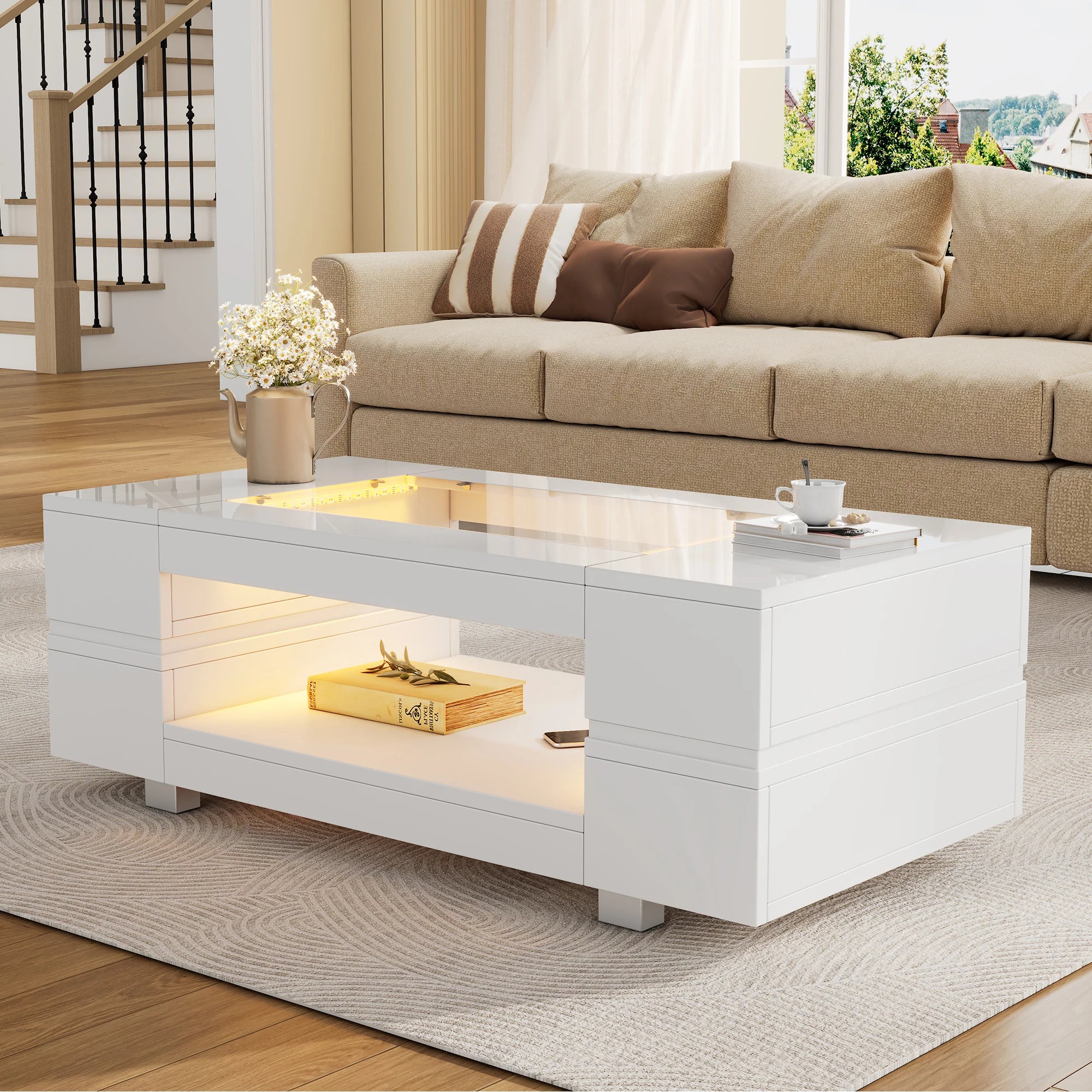 Table Basse Design LED Bluetooth – Double Niveau, Structure Métal & Commande Sans Fil | Élégance
