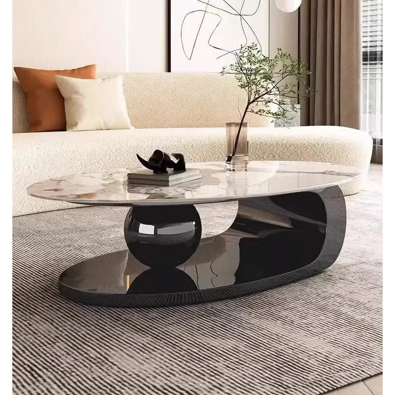 Table Basse Design Ovale – Effet Pierre Naturelle, Base Métal & 6 Formats | Silex