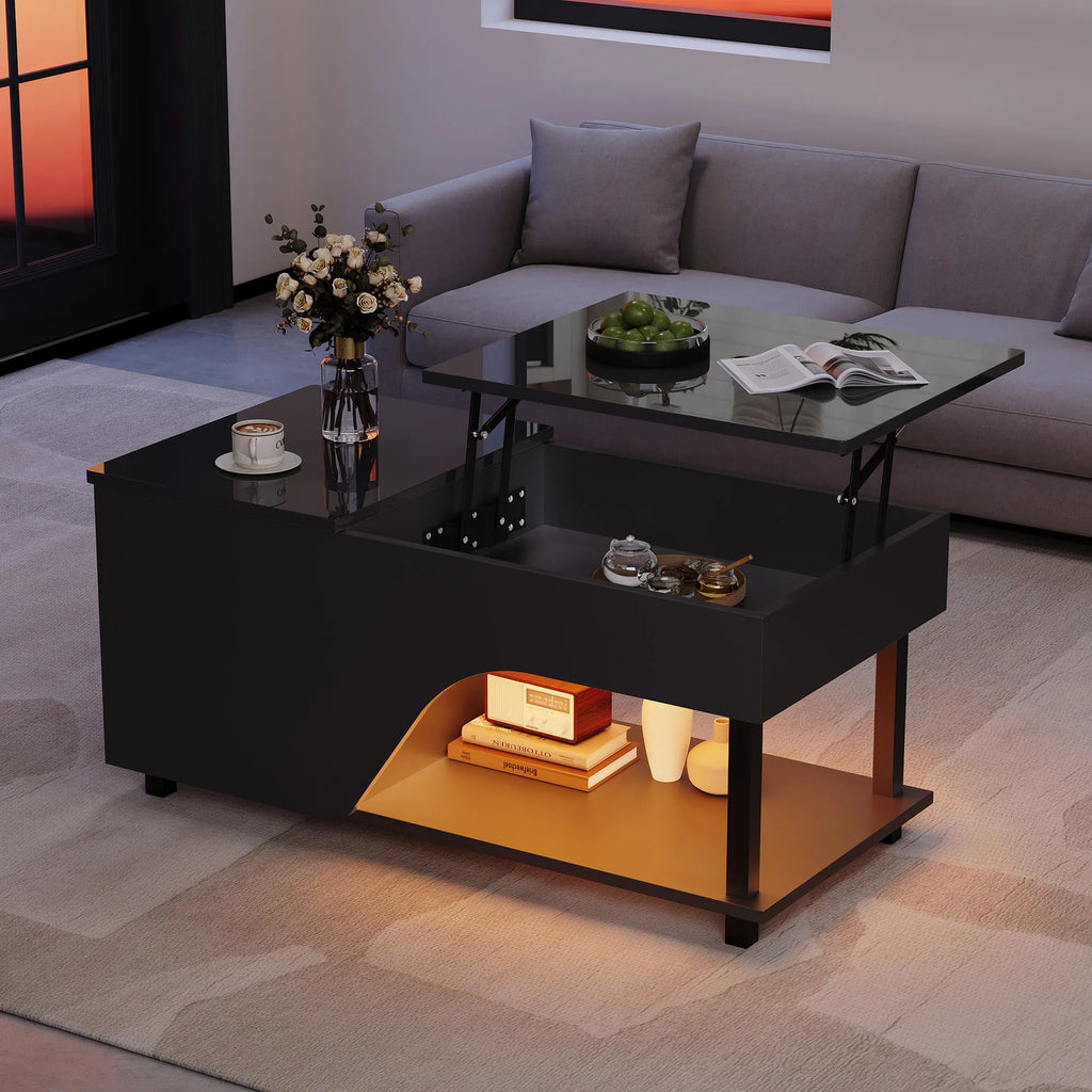 Table Basse Design LED – Plateau Élévatoire, Rangement Dissimulé & Étagère Latérale | Altus