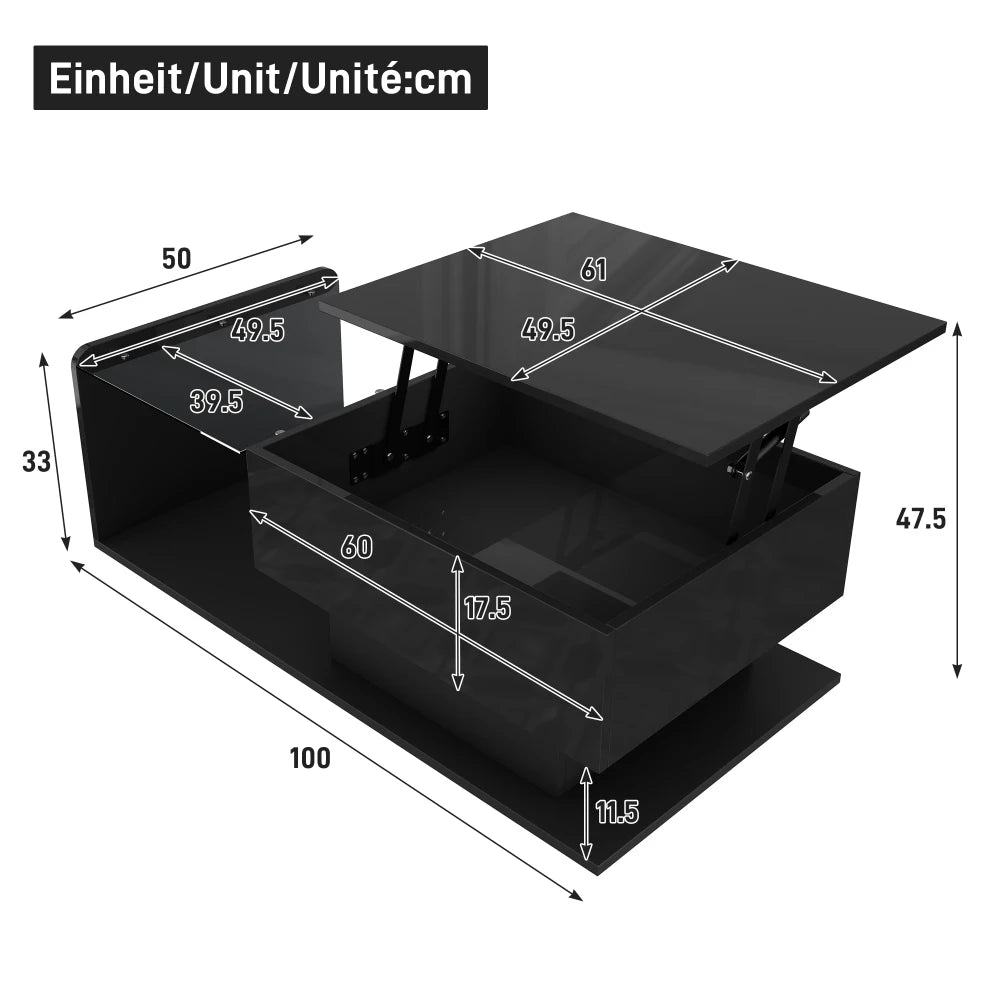 Table Basse Design Noire Relevable LED – Rangement Compartiments & Finition Brillante | Eclipse