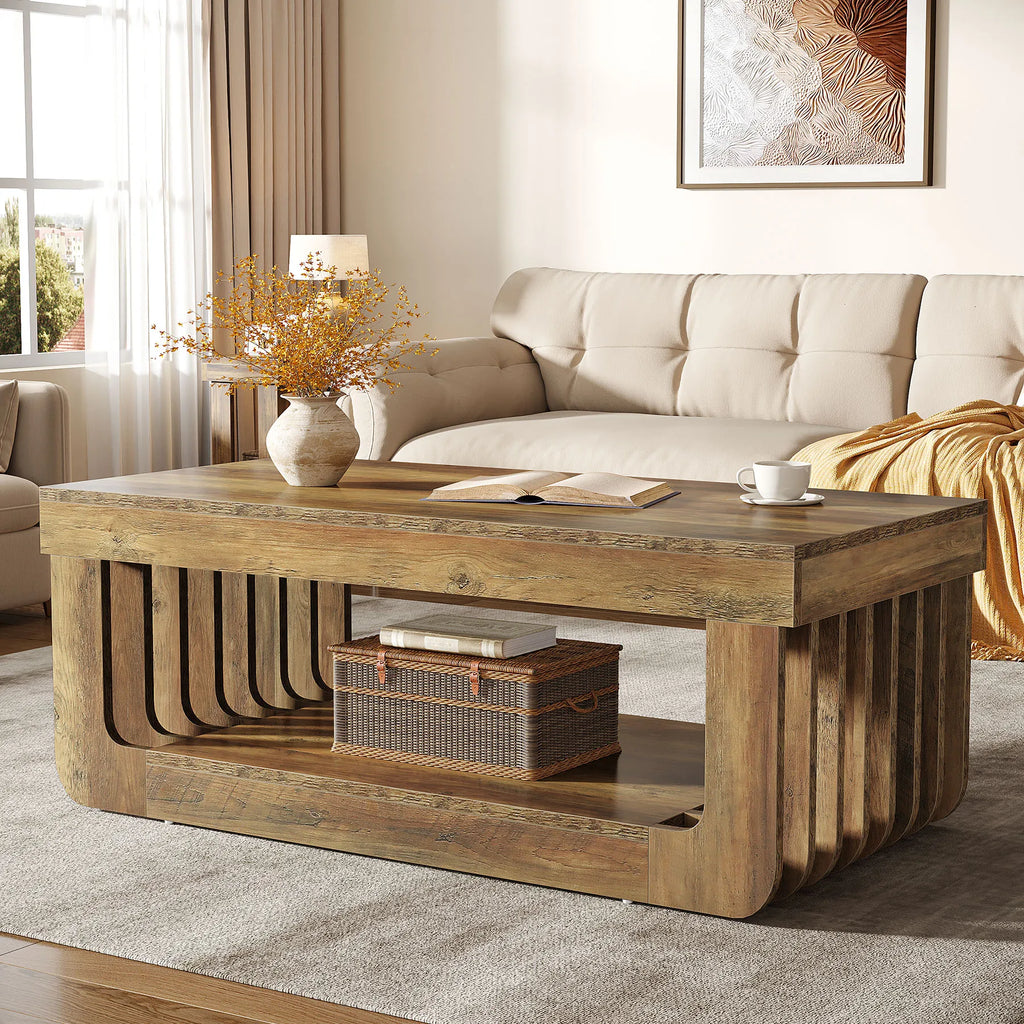 Table Basse Design Bois 2 Niveaux – Étagère de Rangement, Style Naturel | Timber
