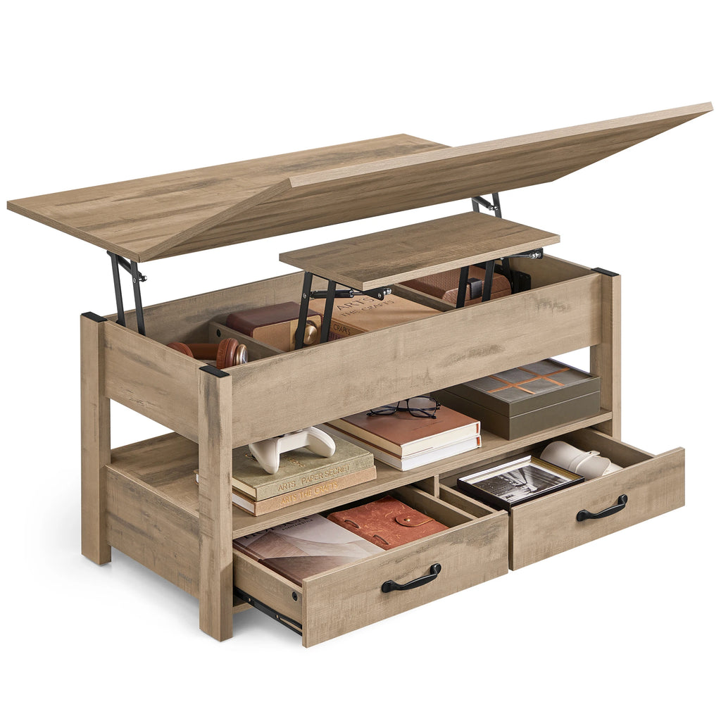 Table Basse Design Relevable – Vérin à Gaz, 2 Tiroirs, 4 Compartiments & Bois Naturel | Lift