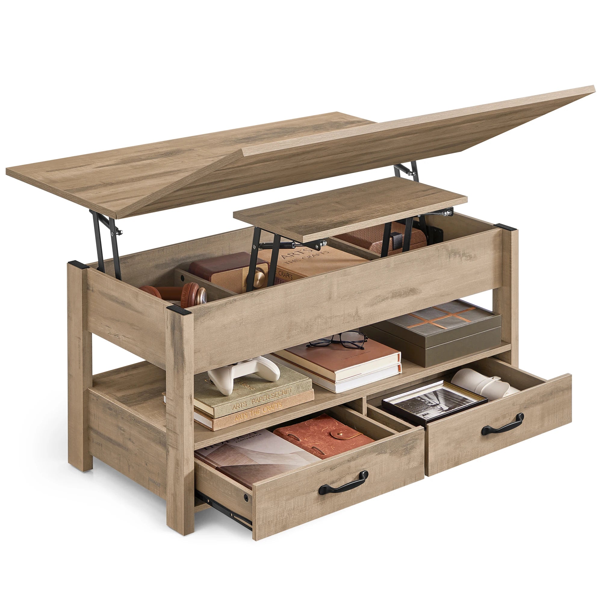 Table Basse Design Relevable – Vérin à Gaz, 2 Tiroirs, 4 Compartiments & Bois Naturel | Lift