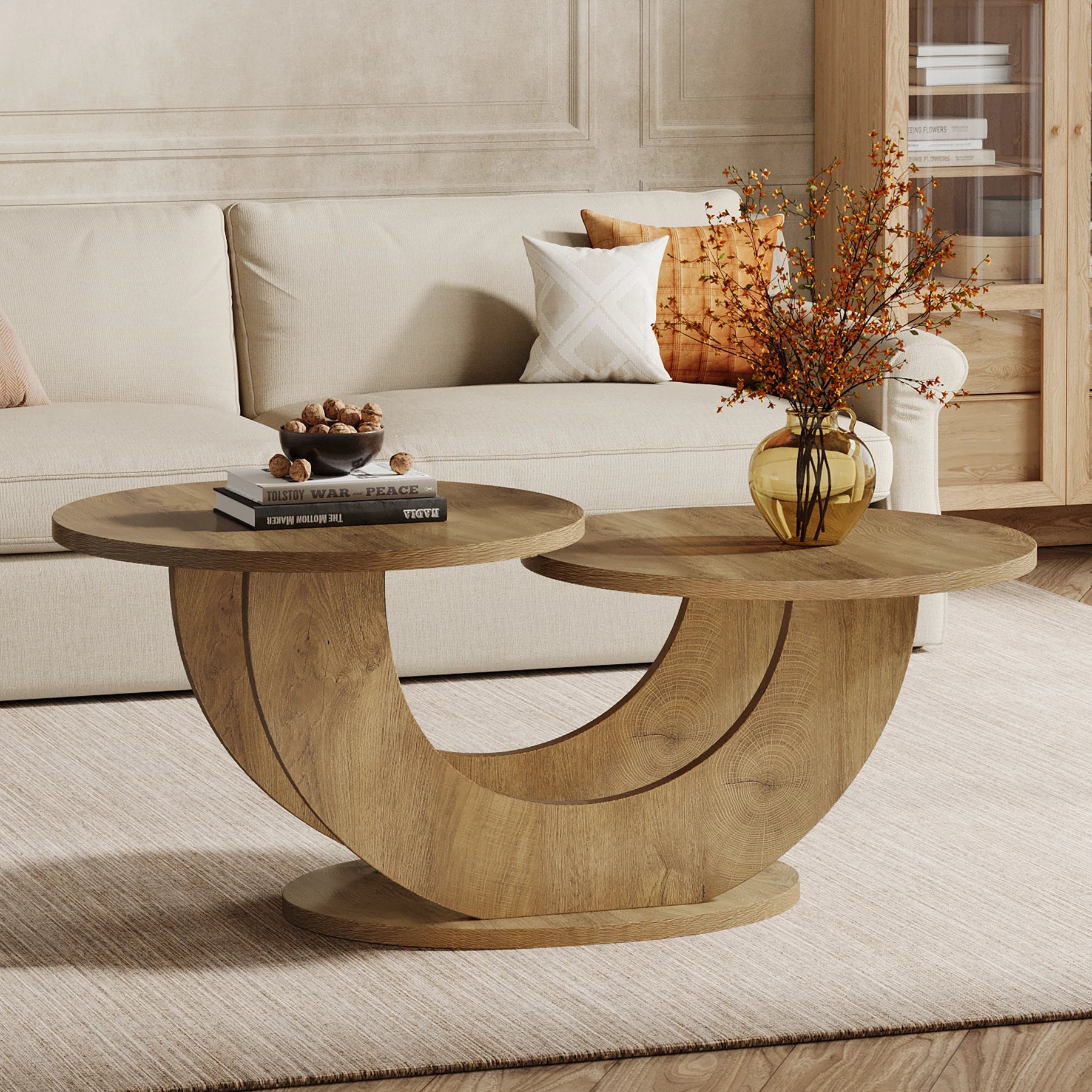 Table Basse Design Ronde – Cadre en U Original, 46 Pouces & Bois Chêne Naturel | Orbit