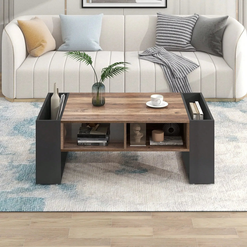 Table Basse Design Bois – Étagère Double Face, Tiroirs & Grain Naturel | Grain