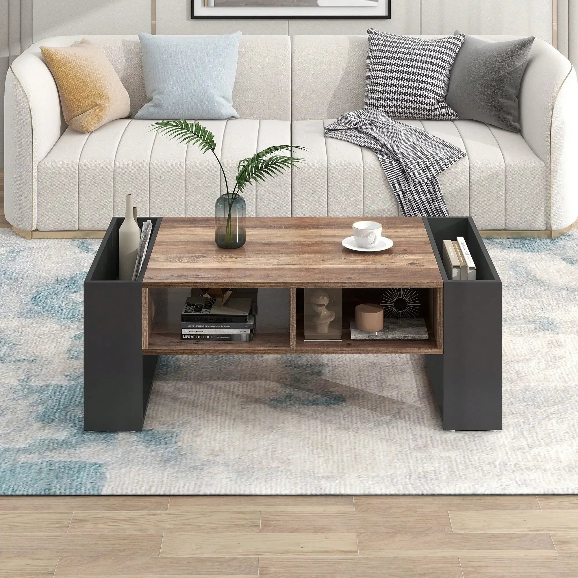 Table Basse Design Bois – Étagère Double Face, Tiroirs & Grain Naturel | Grain