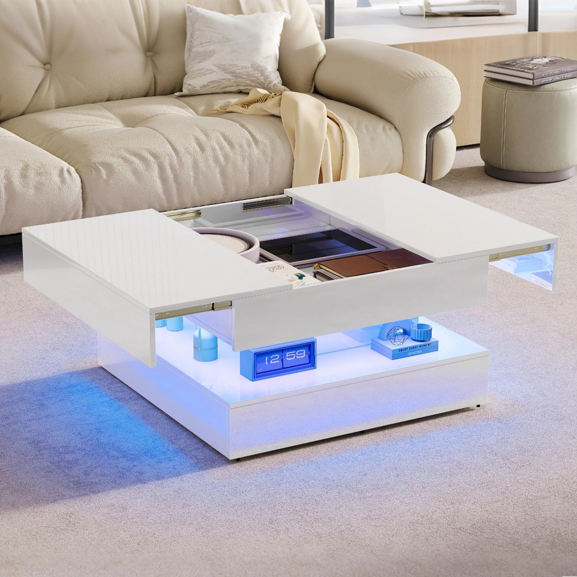 Table Basse Design Carrée LED – Tiroirs, Finition Haute Brillance Noir & Blanc | Rubis