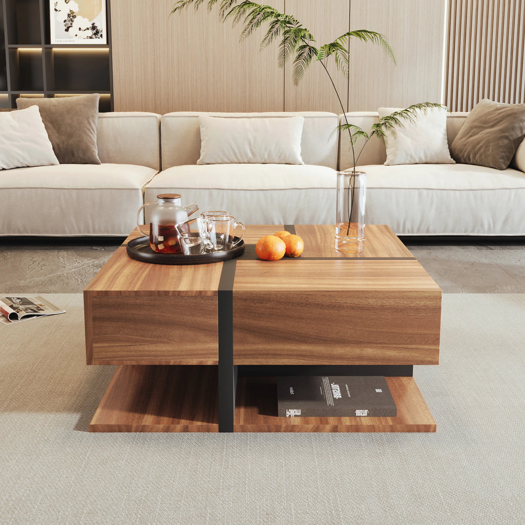 Table Basse Design Carrée – 4 Tiroirs, Étagère Intégrée & Finition Naturelle | Acajou