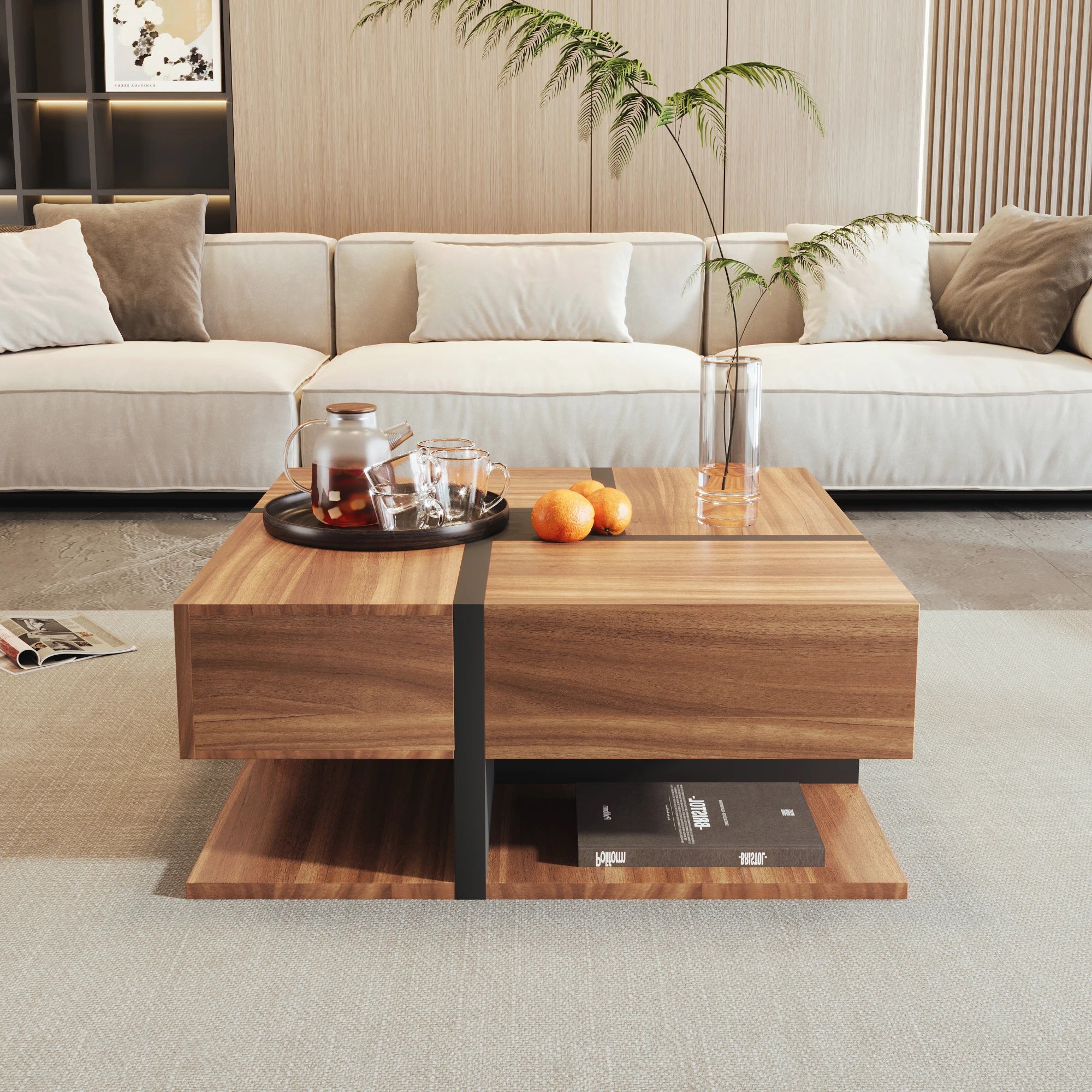 Table Basse Design Carrée – 4 Tiroirs, Étagère Intégrée & Finition Naturelle | Acajou