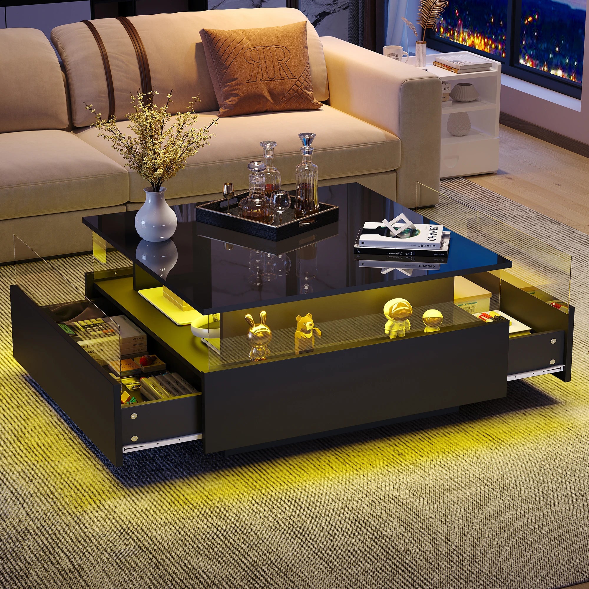 Table Basse Design LED Carrée – Zone d'Affichage Transparente, 2 Tiroirs & Haute Brillance | Noctua