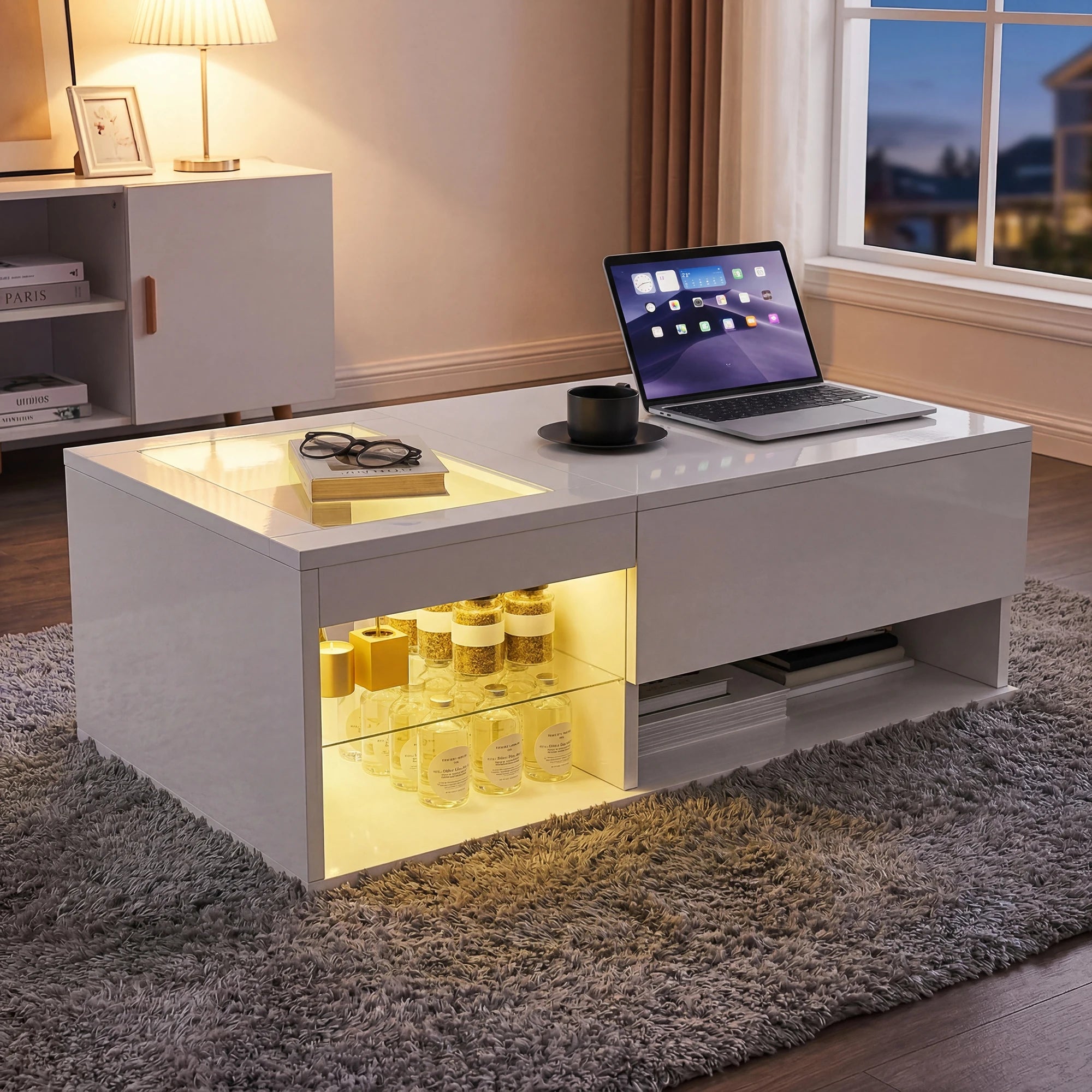 Table basse moderne Fangange - Table de salon avec fonction de levage (élévation de 15 cm), table de canapé avec éclairage LED - Design tendance - Blanc