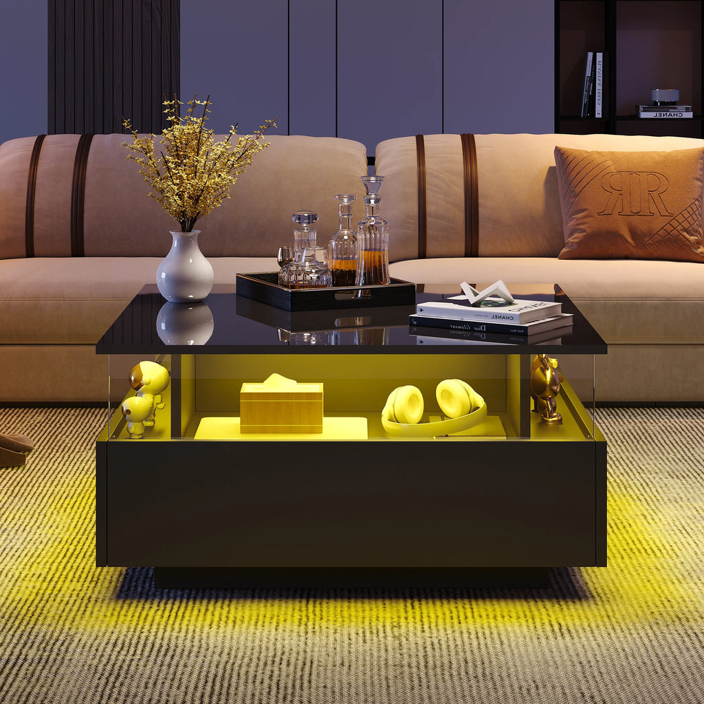 Table Basse Design LED Carrée – Zone d'Affichage Transparente, 2 Tiroirs & Haute Brillance | Noctua
