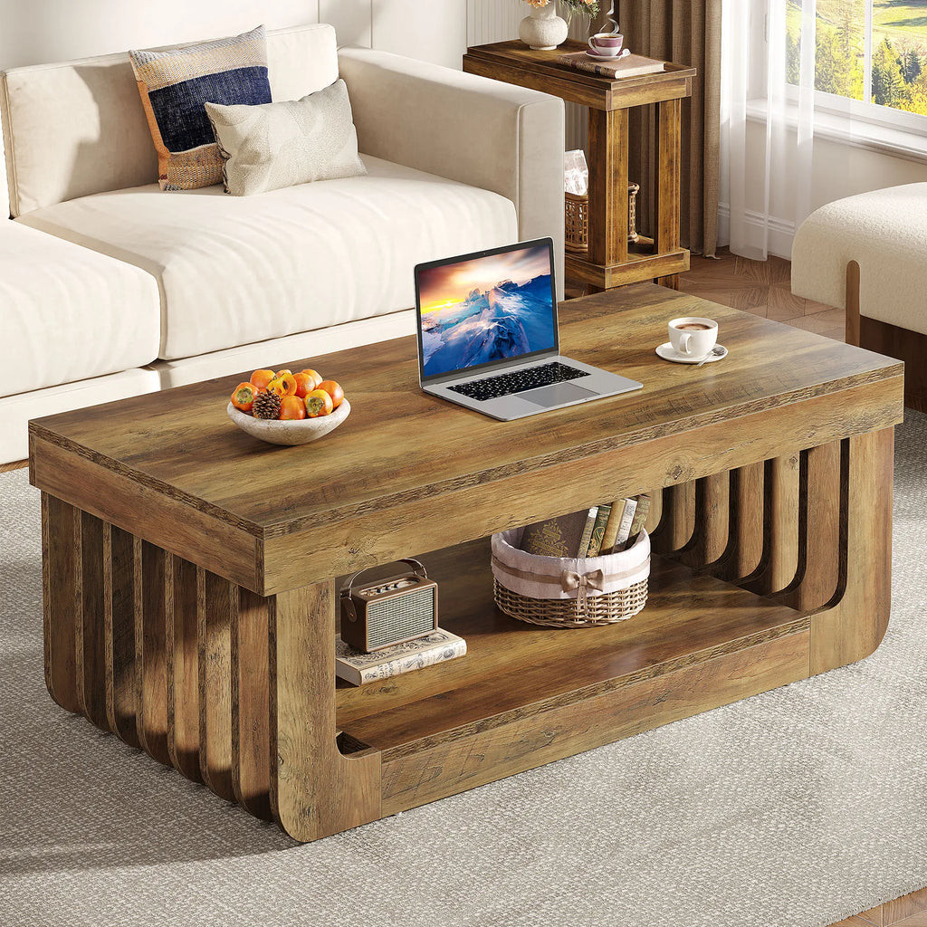 Table Basse Design Bois 2 Niveaux – Étagère de Rangement, Style Naturel | Timber