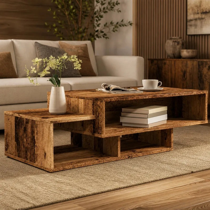 Table Basse Design Vintage – 3 Compartiments Asymétriques, 105×55 cm | Loft