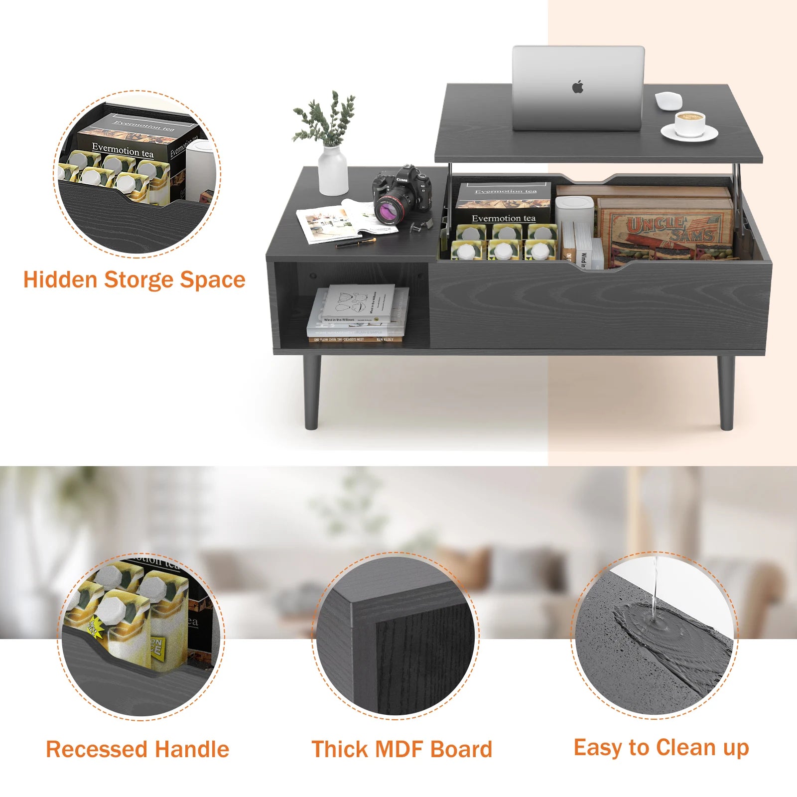 Table Basse Design Relevable – Étagère Réglable, Multifonction & 4 Coloris | Flex