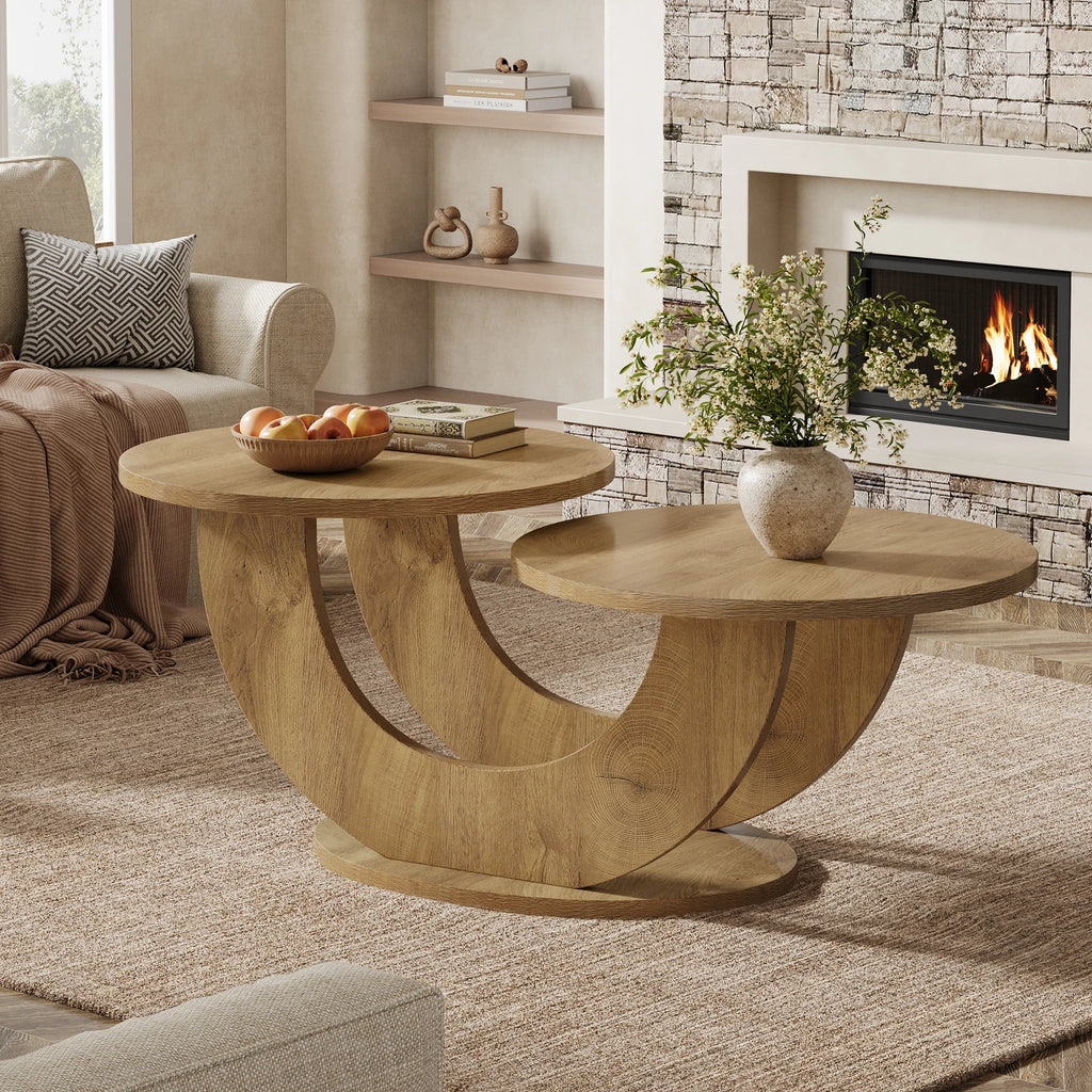 Table Basse Design Ronde – Cadre en U Original, 46 Pouces & Bois Chêne Naturel | Orbit