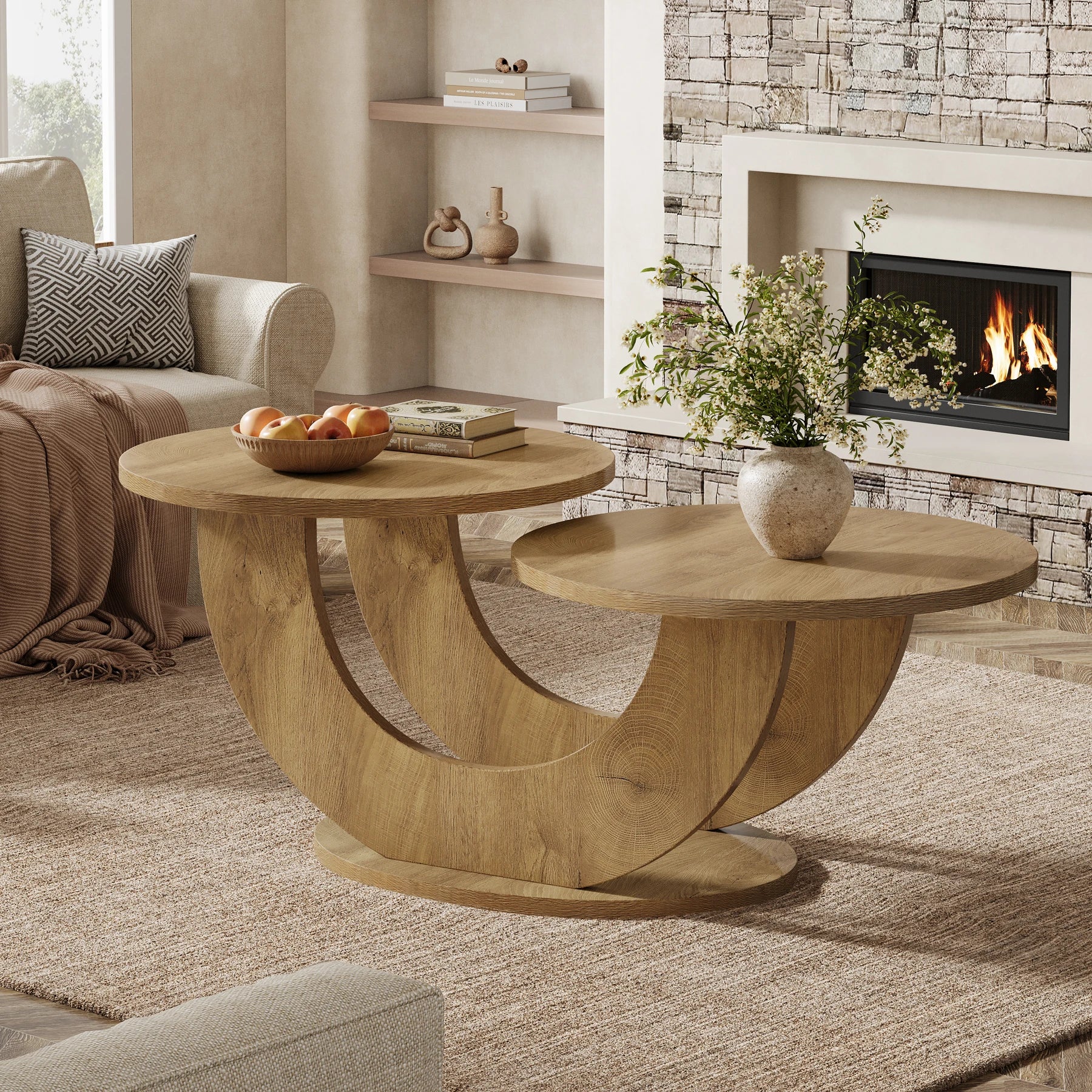 Table Basse Design Ronde – Cadre en U Original, 46 Pouces & Bois Chêne Naturel | Orbit