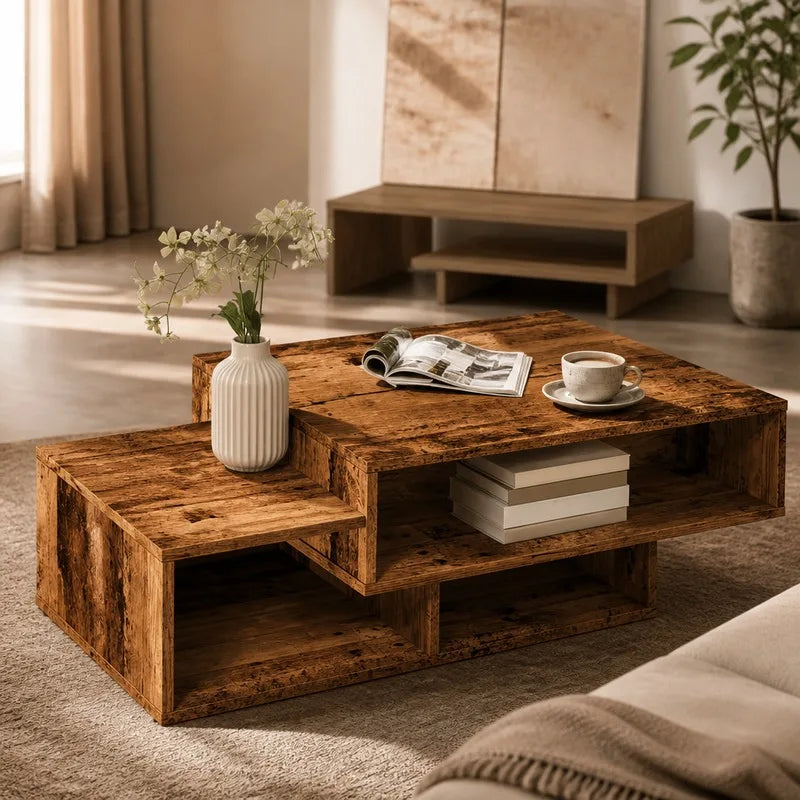 Table Basse Design Vintage – 3 Compartiments Asymétriques, 105×55 cm | Loft