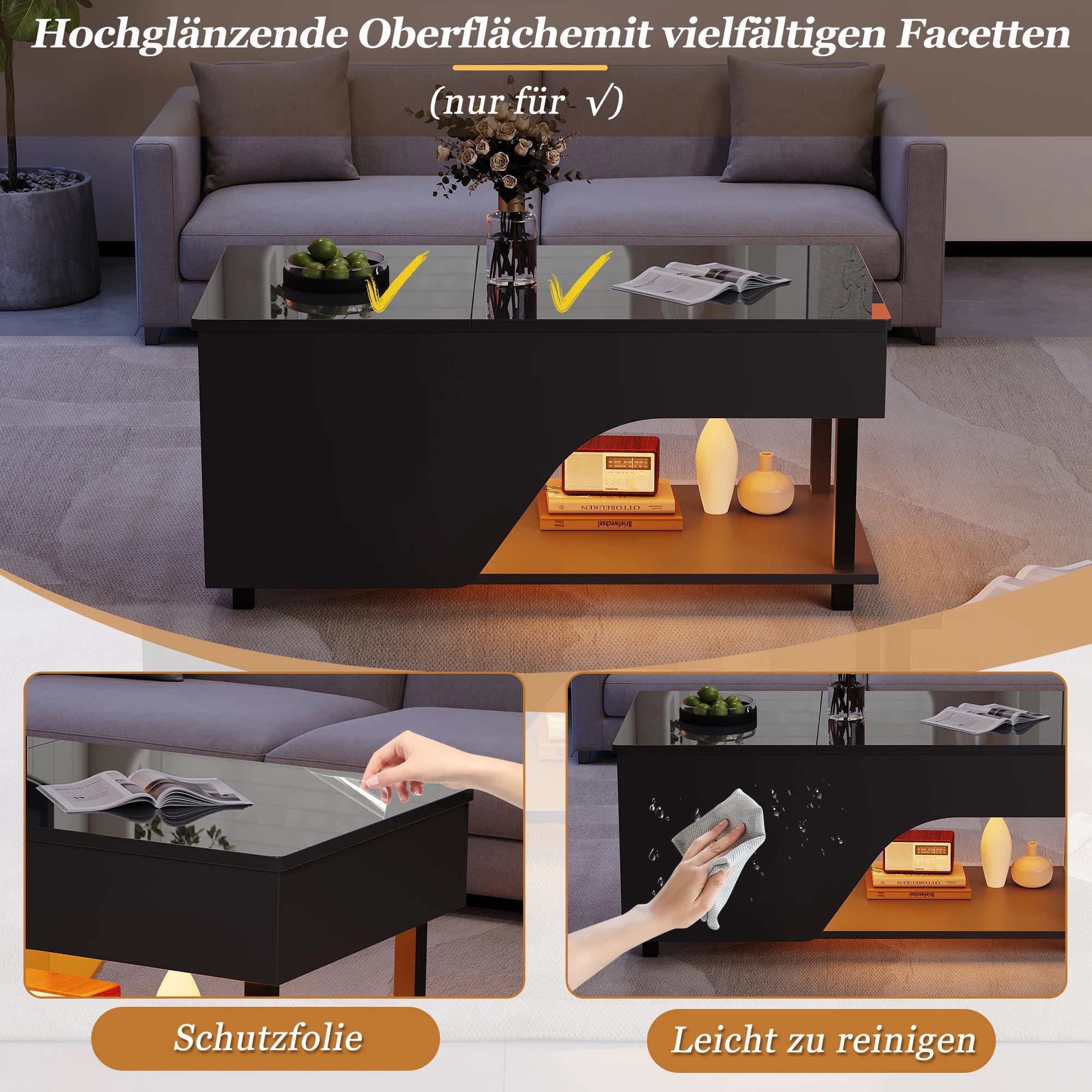 Table Basse Design LED – Plateau Élévatoire, Rangement Dissimulé & Étagère Latérale | Altus