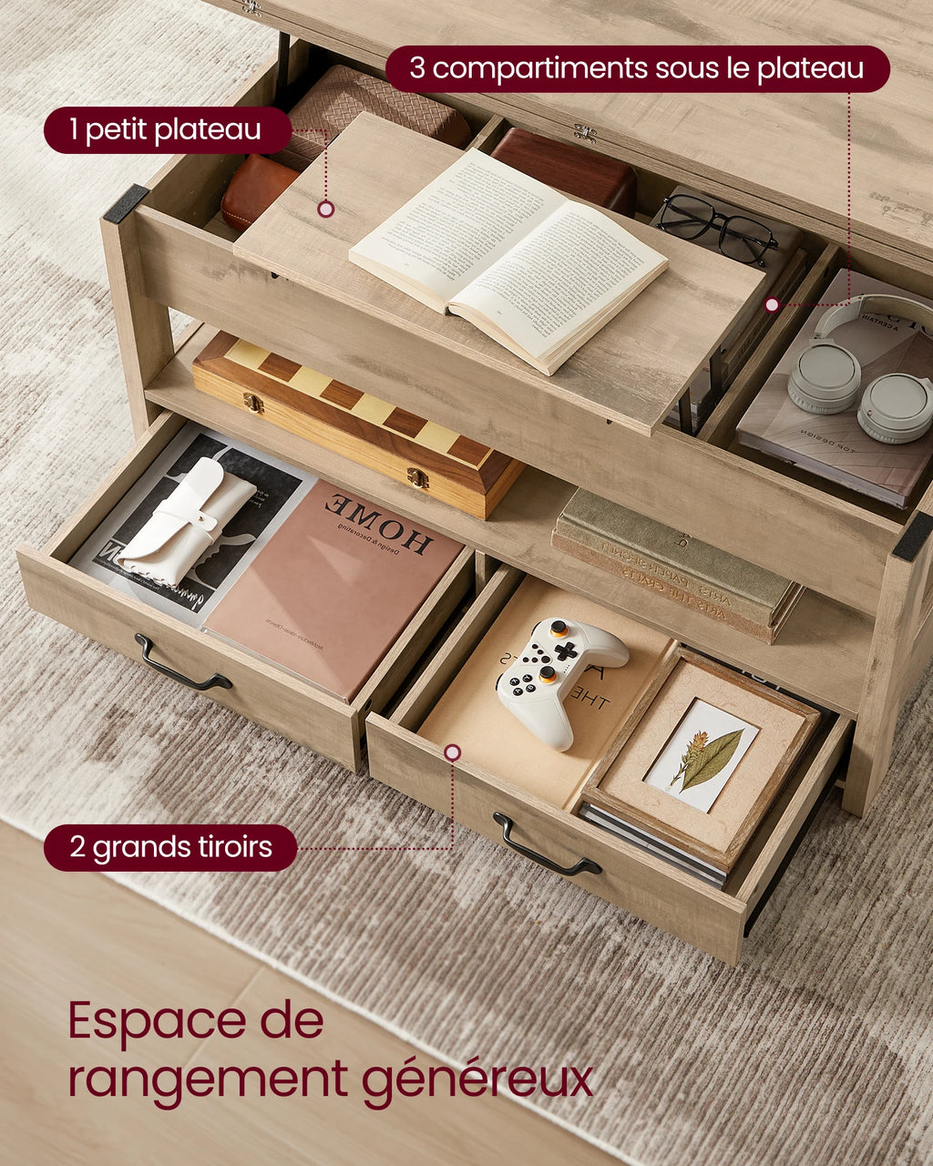Table Basse Design Relevable – Vérin à Gaz, 2 Tiroirs, 4 Compartiments & Bois Naturel | Lift
