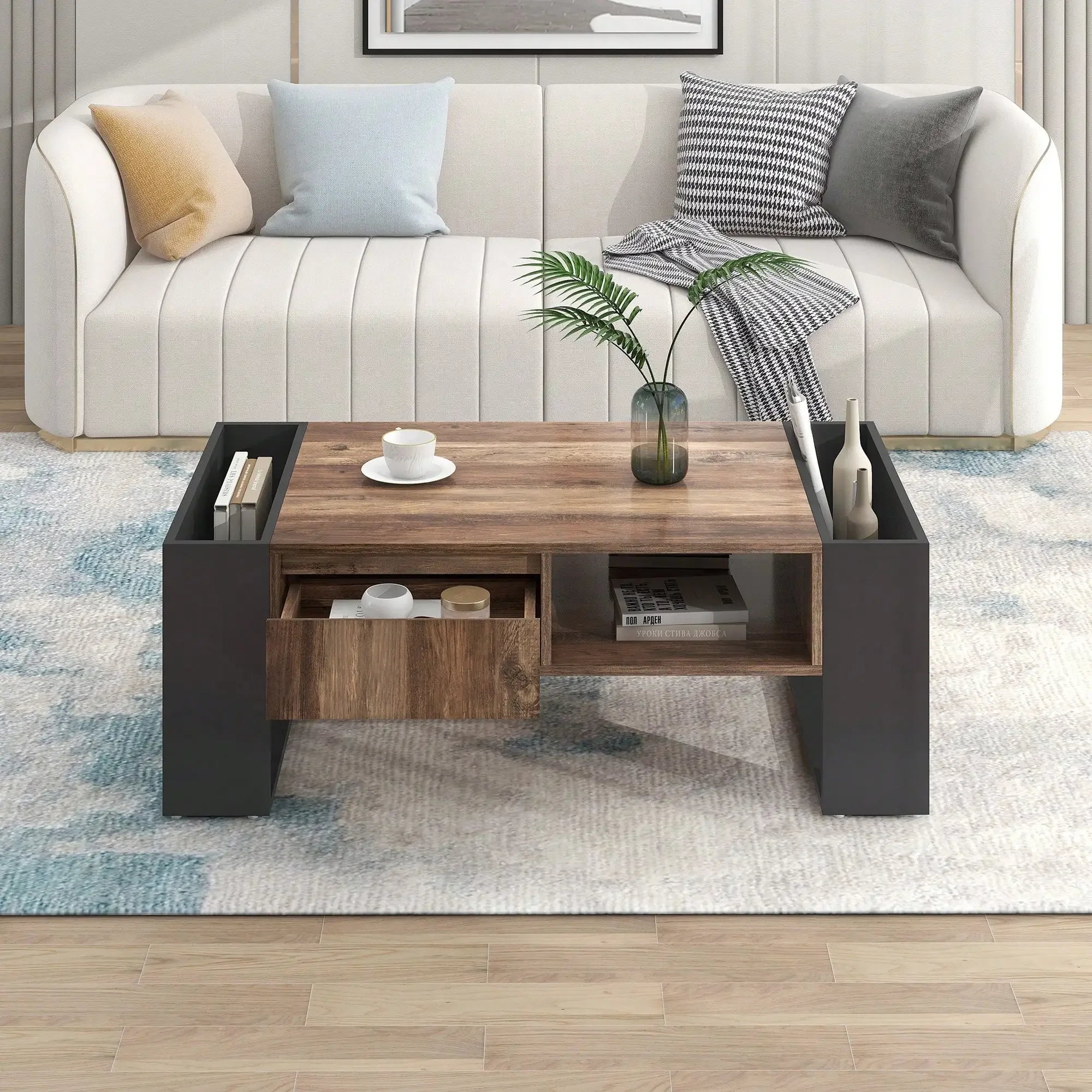 Table Basse Design Bois – Étagère Double Face, Tiroirs & Grain Naturel | Grain