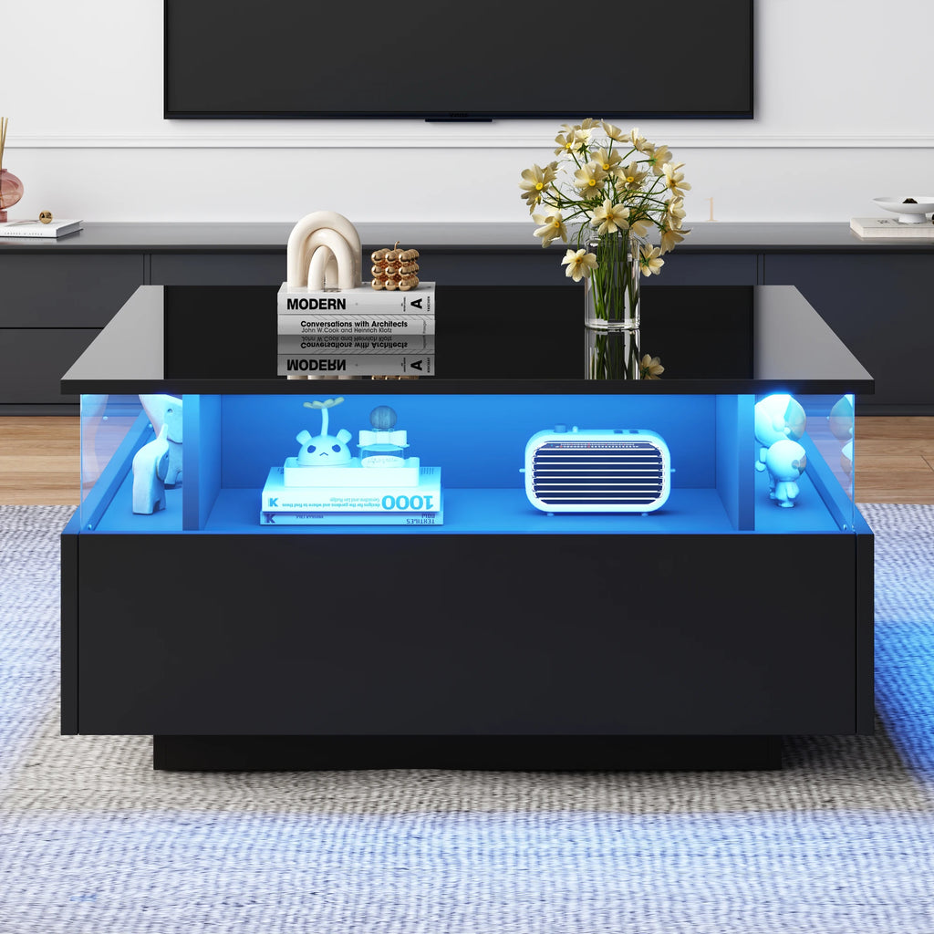 Table Basse Design LED Carrée – Zone d'Affichage Transparente, 2 Tiroirs & Haute Brillance | Noctua