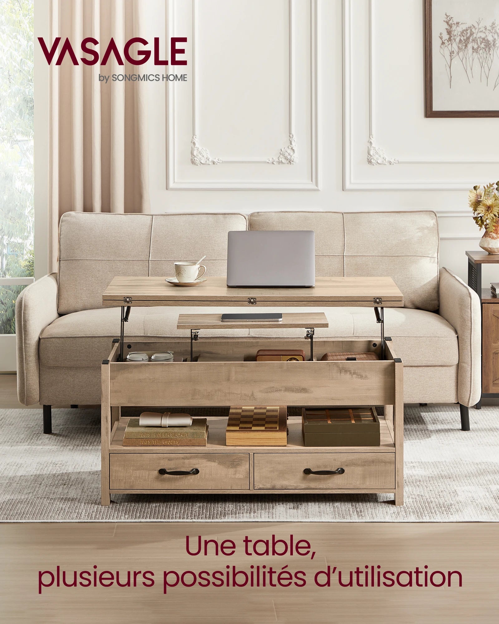 Table Basse Design Relevable – Vérin à Gaz, 2 Tiroirs, 4 Compartiments & Bois Naturel | Lift