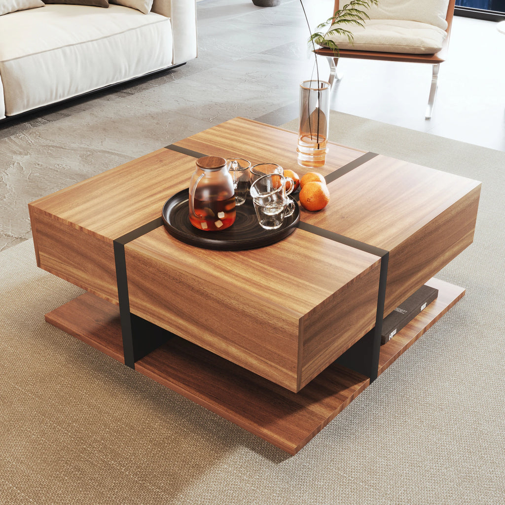 Table Basse Design Carrée – 4 Tiroirs, Étagère Intégrée & Finition Naturelle | Acajou