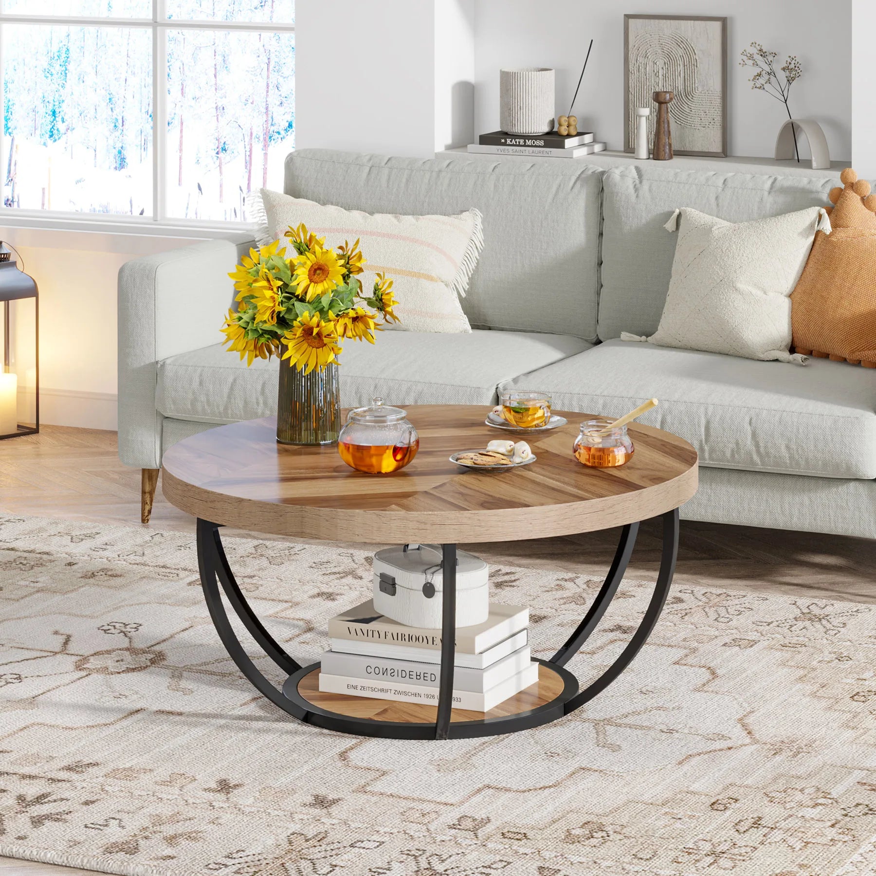 Table Basse Design Ronde Industrielle – 2 Niveaux Bois, 80 cm & 4 Coloris | Grove