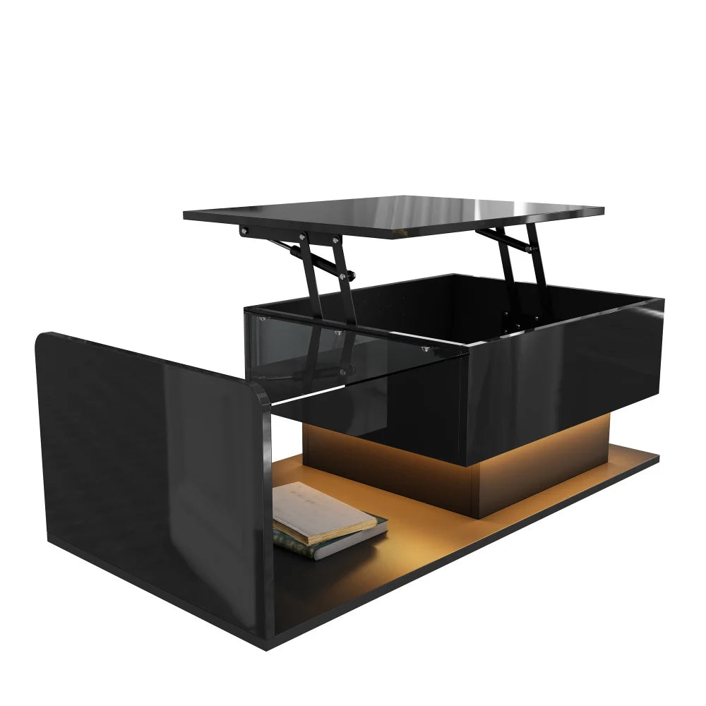 Table Basse Design Noire Relevable LED – Rangement Compartiments & Finition Brillante | Eclipse