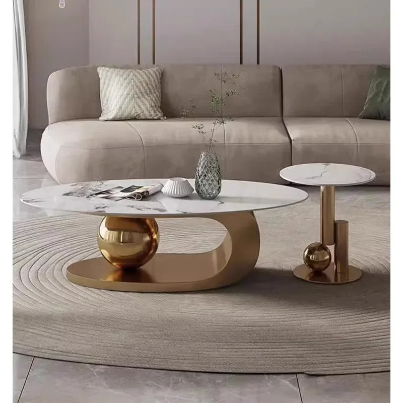 Table Basse Design Ovale – Effet Pierre Naturelle, Base Métal & 6 Formats | Silex