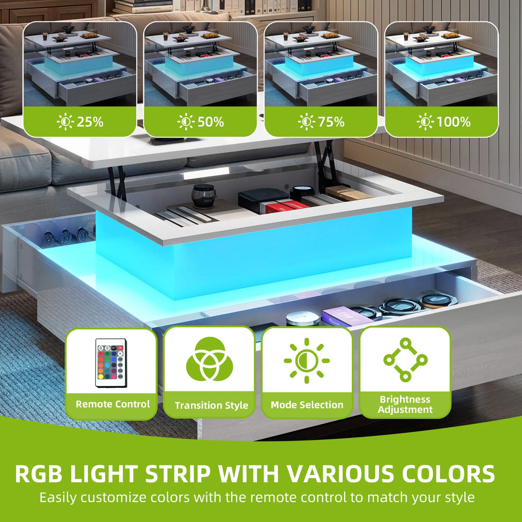 Table Basse Design LED – Plateau Relevable, 16 Couleurs & 2 Tiroirs Premium | Aurora