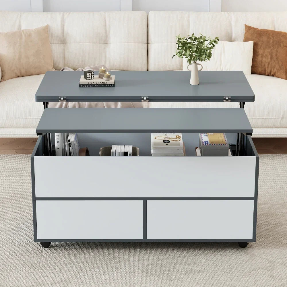 Table Basse Design Multifonction – 2 Plateaux Séparables, Relevable & Tiroir de Rangement | Dualys