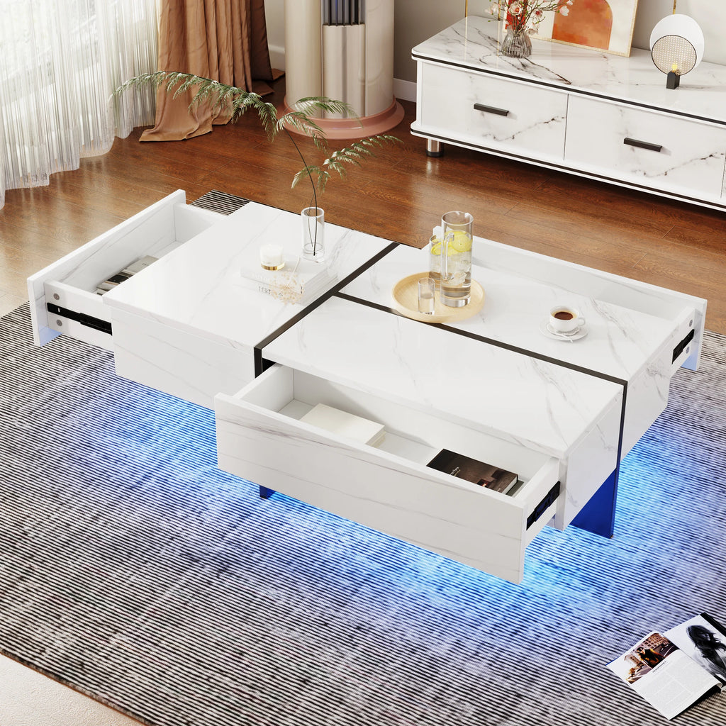 Table Basse Design Marbre Blanc LED – Éclairage Appli, 100×50 cm & Finition Luxe | Calacatta