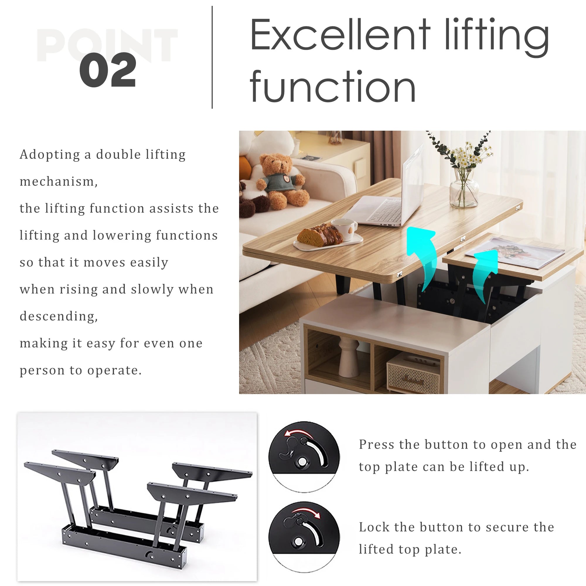 Table Basse Design Multifonction – 2 Plateaux Séparables, Relevable & Tiroir de Rangement | Dualys