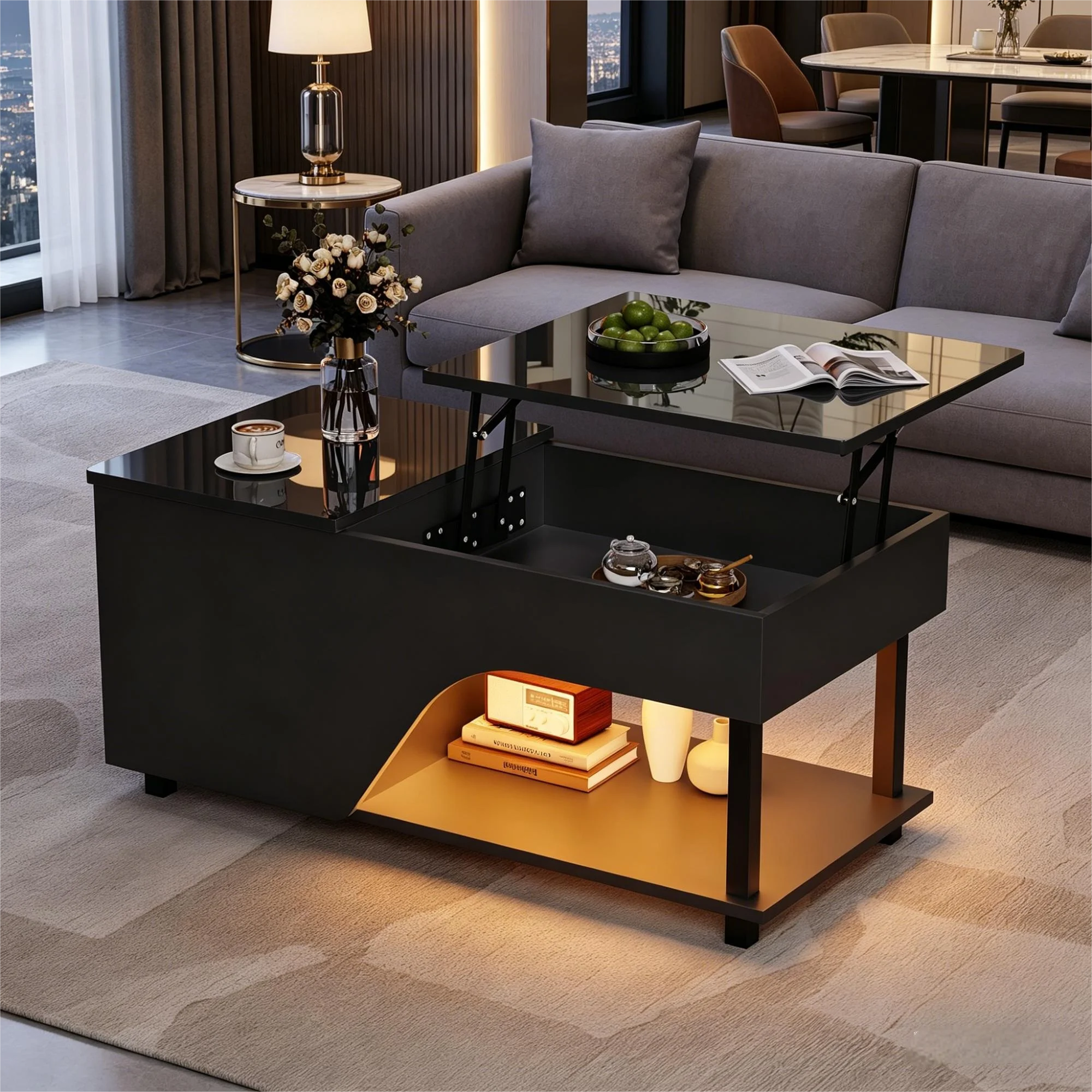 Table Basse Design LED – Plateau Élévatoire, Rangement Dissimulé & Étagère Latérale | Altus