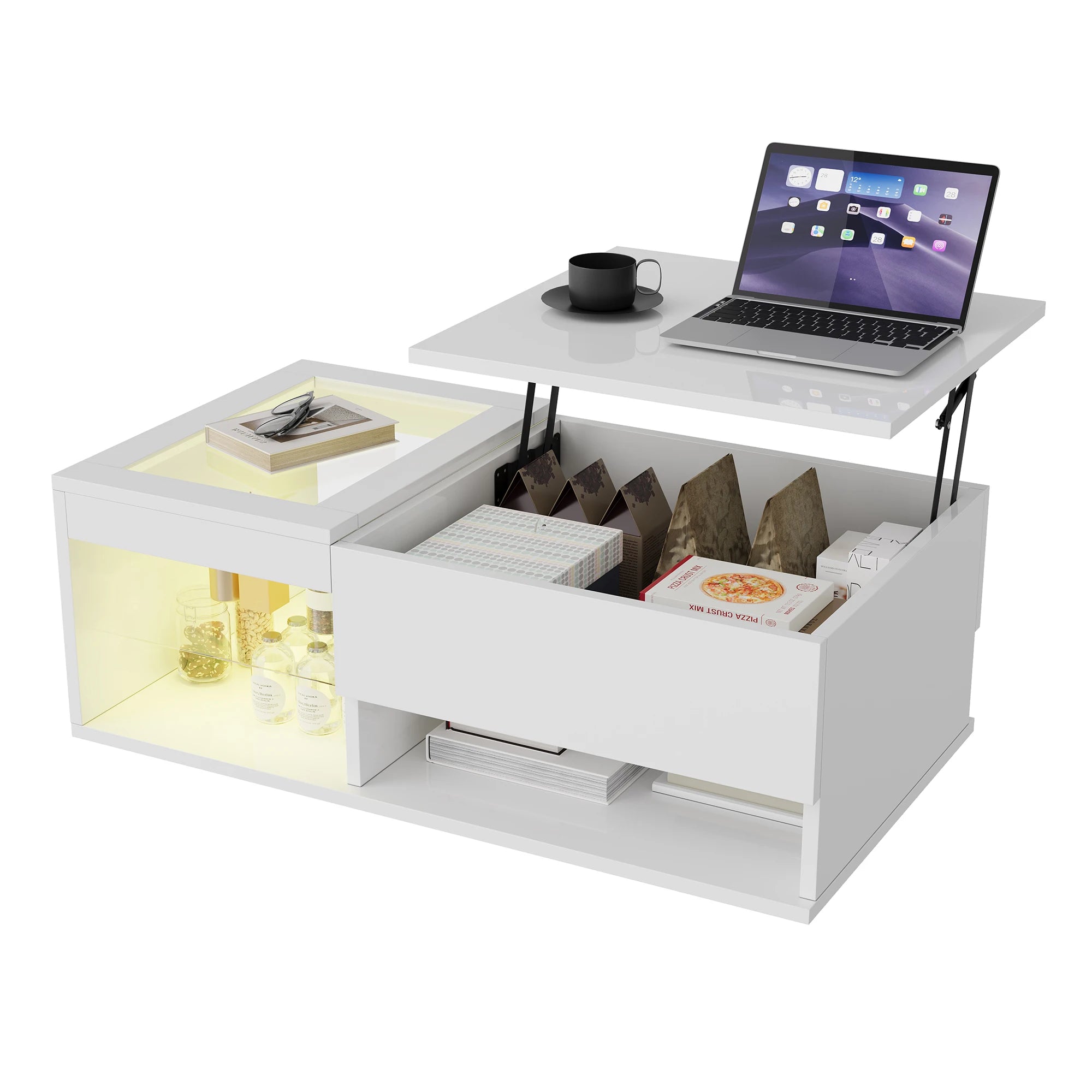 Table basse moderne Fangange - Table de salon avec fonction de levage (élévation de 15 cm), table de canapé avec éclairage LED - Design tendance - Blanc