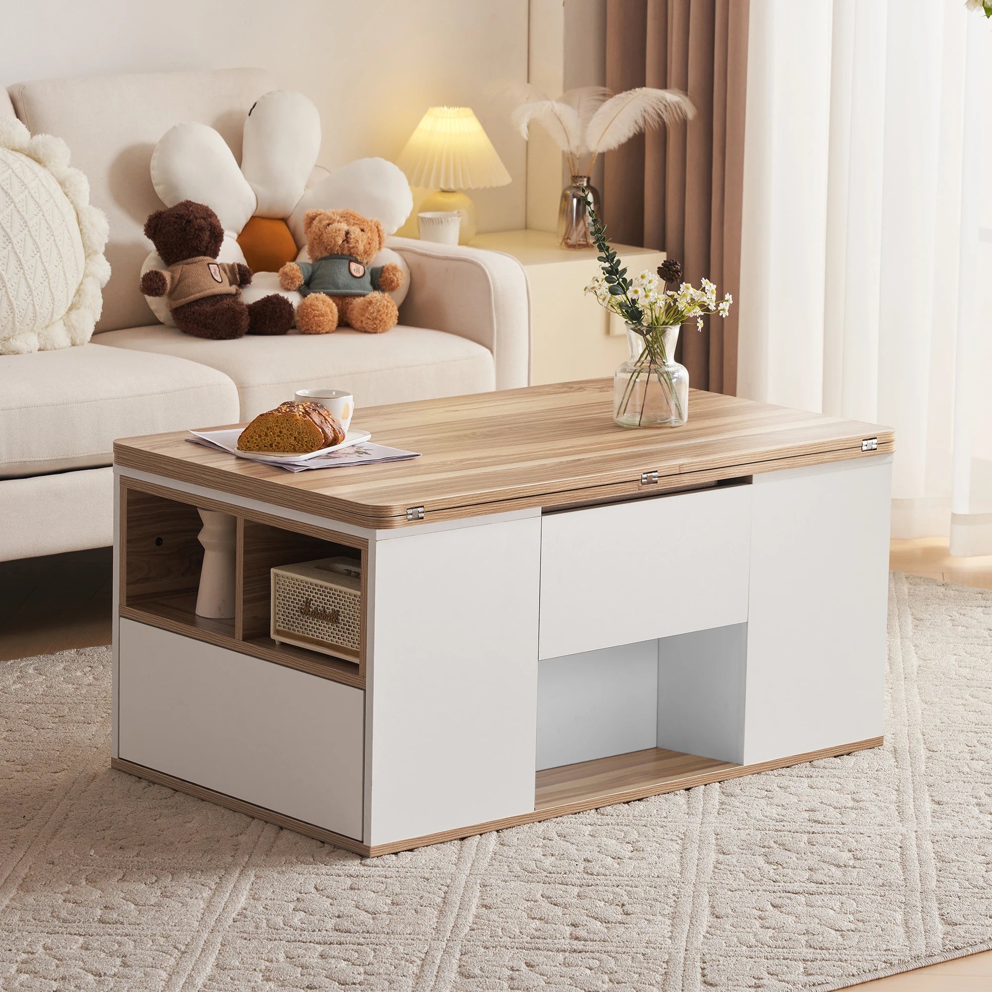 Table Basse Design Multifonction – 2 Plateaux Séparables, Relevable & Tiroir de Rangement | Dualys
